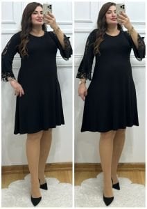 N084-Siyah Kolları volanlı güpür dantel detaylı midiboy elbise