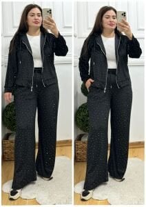 ZS115-Siyah parlak taşlı kadife eşofman takımı