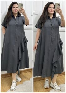 DR016-Luxe Asimetrik fırfır volanlı elbise