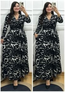 V063-Siyah beyaz damar desen maksiboy kuşaklı elbise