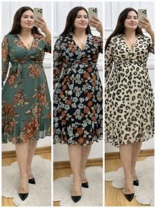 A157-Şifon gömlek yaka kuşaklı midiboy elbise