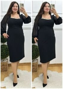 TR136-Siyah kare yaka broş detaylı abiye elbise