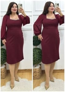TR137-Bordo kare yaka broş detaylı abiye elbise