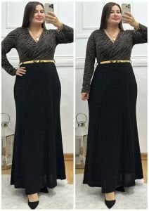 TR042-Gold kemerli balık abiye elbise
