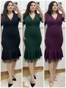 YS149-Kruvaze yaka dantel volanlı balık elbise