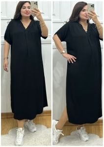 ZS094-Siyah belmando kumaş yırtmaçlı oversize elbise