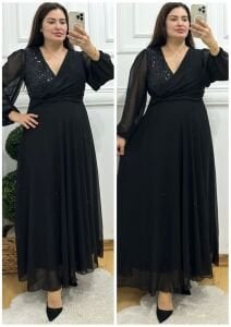 TR138-Siyah kruvaze yaka payetli şifon abiye