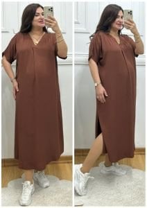 ZS095-Kahverengi belmando kumaş yırtmaçlı oversize elbise