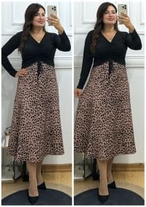 ZS030-Leopar desen tensel kumaş uzun etek
