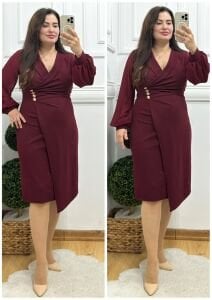 TR140-Bordo kruvaze yaka üç broşlu kolları şifon abiye