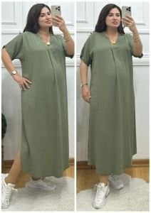 ZS096-Haki belmando kumaş yırtmaçlı oversize elbise