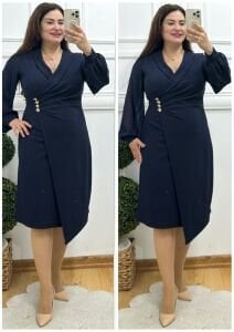 TR141-Lacivert kruvaze yaka üç broşlu kolları şifon abiye