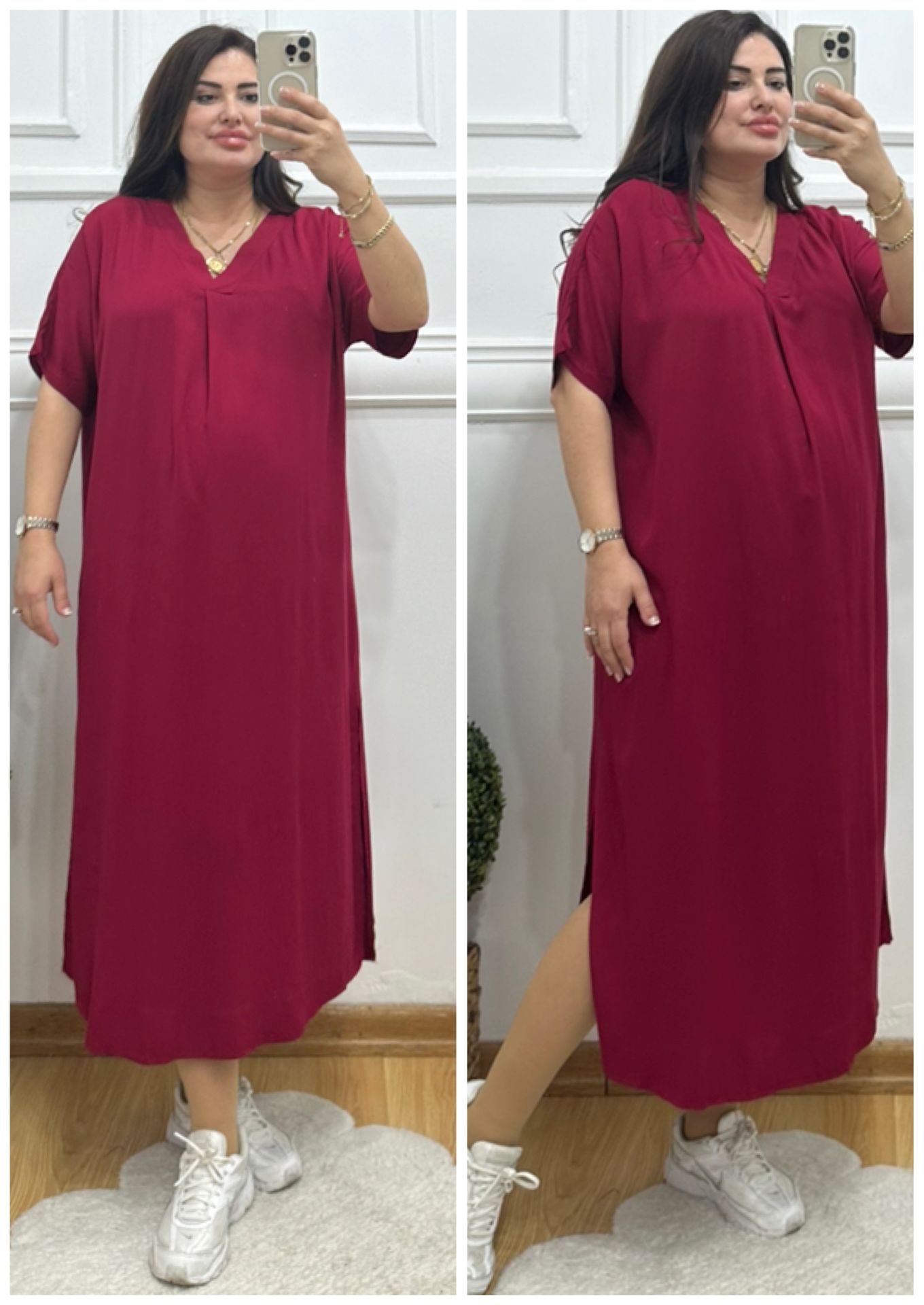 ZS097-Bordo belamando kumaş yırtmaçlı oversize elbise