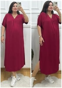 ZS097-Bordo belamando kumaş yırtmaçlı oversize elbise