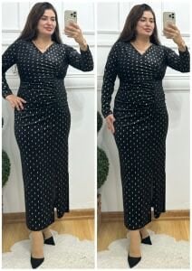 A145-Siyah gold desenli kadife elbise