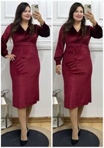 A105-Bordo Kruvaze ithal kadife kalem elbise