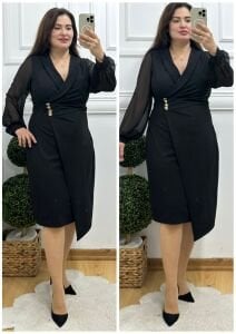 TR142-Siyah kruvaze yaka üç broşlu kolları şifon abiye