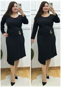 TR144-Siyah yuvarlak yaka beli gold tokalı abiye