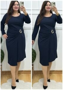 TR143-Lacivert yuvarlak yaka beli gold tokalı abiye