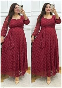 A146-Bordo prenses dantel kare yaka elbise