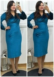 A107-Mavi kruvaze ithal kadife kalem  elbise