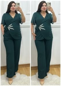 TR093-Yeşil beli inci işlemeli abiye ikili takım