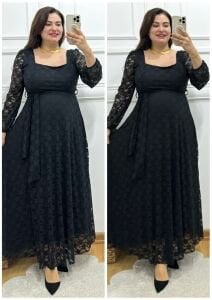 A147-Siyah prenses dantel kare yaka elbise