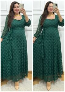 A148-Yeşil prenses dantel kare yaka elbise