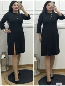 SN030-Siyah yakası boncuk detaylı yırtmaçlı elbise