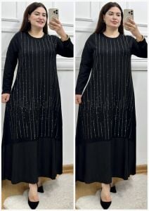 FT058-Işıltılı su yolu etek ucu deri detaylı viskon elbise