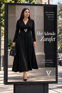 MG016-Viona Gold Tokalı V Yaka Uzun Kollu Midi Elbise