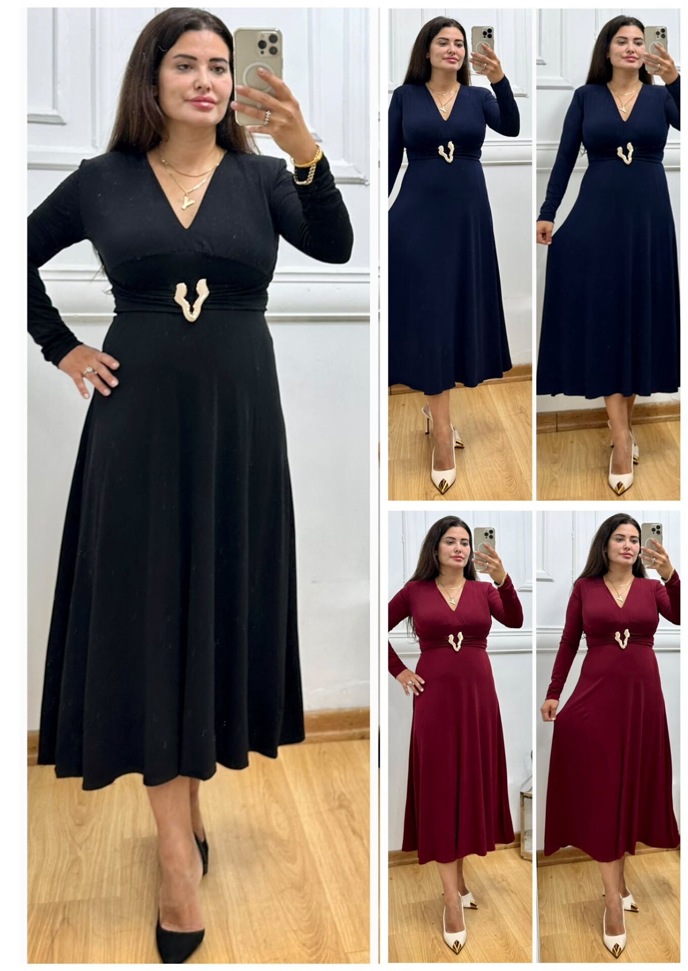 MG016-Viona Gold Tokalı V Yaka Uzun Kollu Midi Elbise