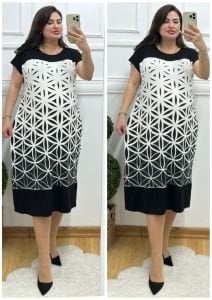 TR097-Siyah beyaz oval desen viskon elbise