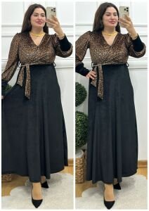 A149-Üstü leopar kruvaze kadife elbise