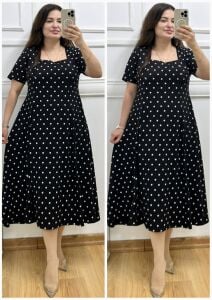 A162-Retro puantiye desen kare yaka elbise