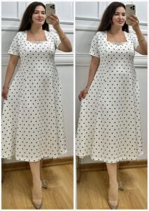 A162-Retro puantiye desen kare yaka elbise