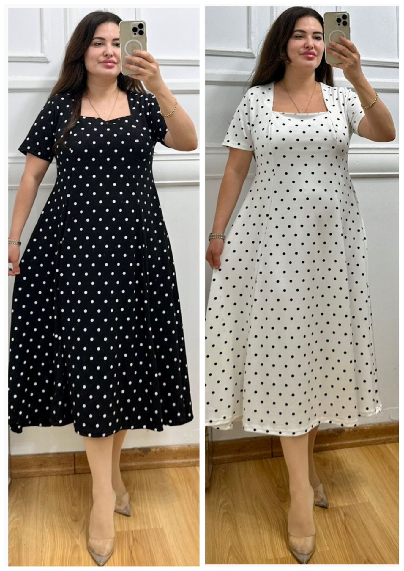 A162-Retro puantiye desen kare yaka elbise