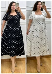 A162-Retro puantiye desen kare yaka elbise