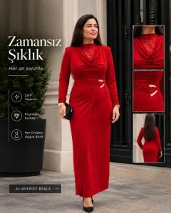 MG018-Romance Dantel Detaylı Degaje Yaka Gold Tokalı Uzun Elbise