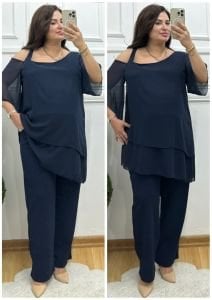 TR098-Lacivert tek tarafı askılı şifon detaylı ikili takım