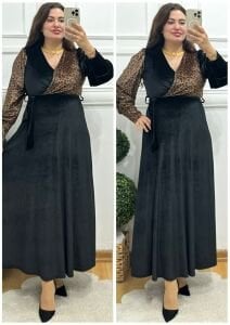 A150-Tek tarafı  leopar kruvaze kadife elbise