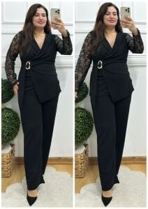 TR147-Siyah kolu güpür beli tokalı ikili takım