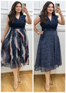 ST022-Nice üstü denim eteği şifon elbise