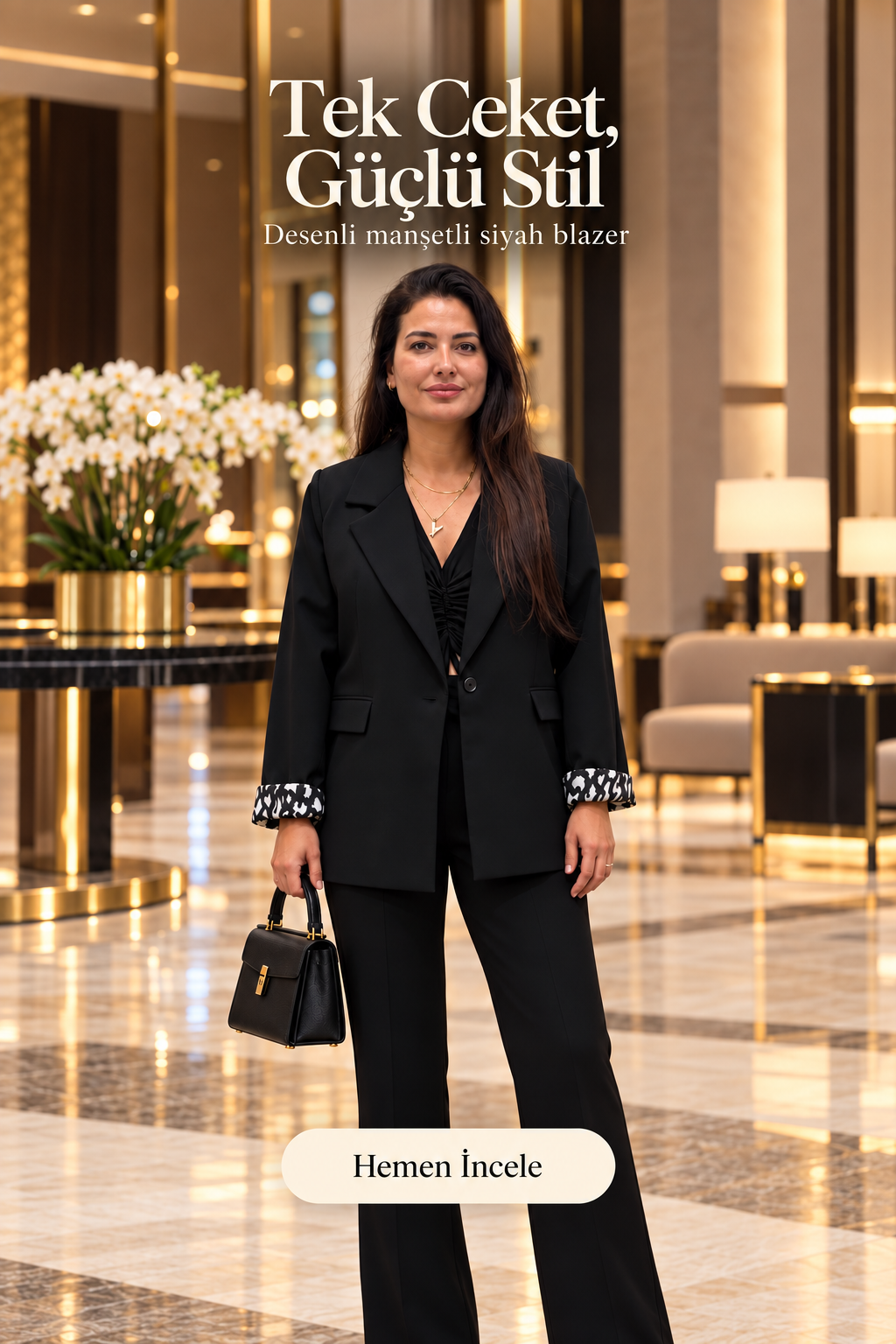 ZS141-Nora Desenli Manşetli Siyah Blazer Ceket