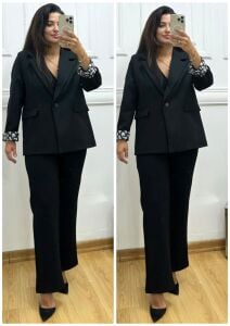 ZS141-Nora Desenli Manşetli Siyah Blazer Ceket