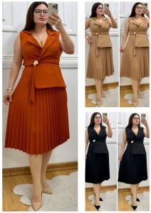 A158-Lidya pliseli ceket yaka elbise