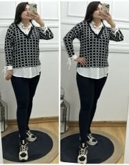 FT031-Siyah beyaz çengel desen gömlekli tunik