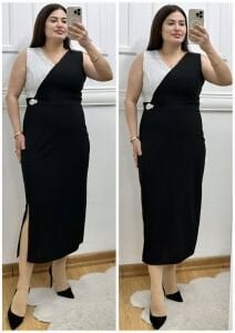 TR179-Siyah beyaz payetli broş detaylı yırtmaçlı elbise