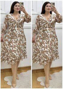 A159-Şifon kruvaze yaka kuşaklı midiboy elbise