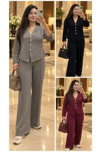 ZS143-Selina Gold Düğmeli Selanik Örme İkili Pantolon Takım